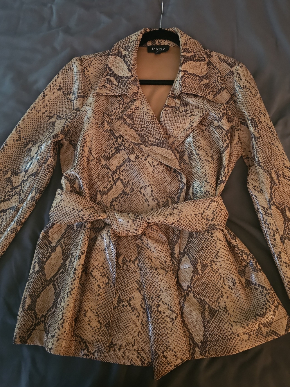 fab'rik Taupe Snake-Print Belted Trench Jacket